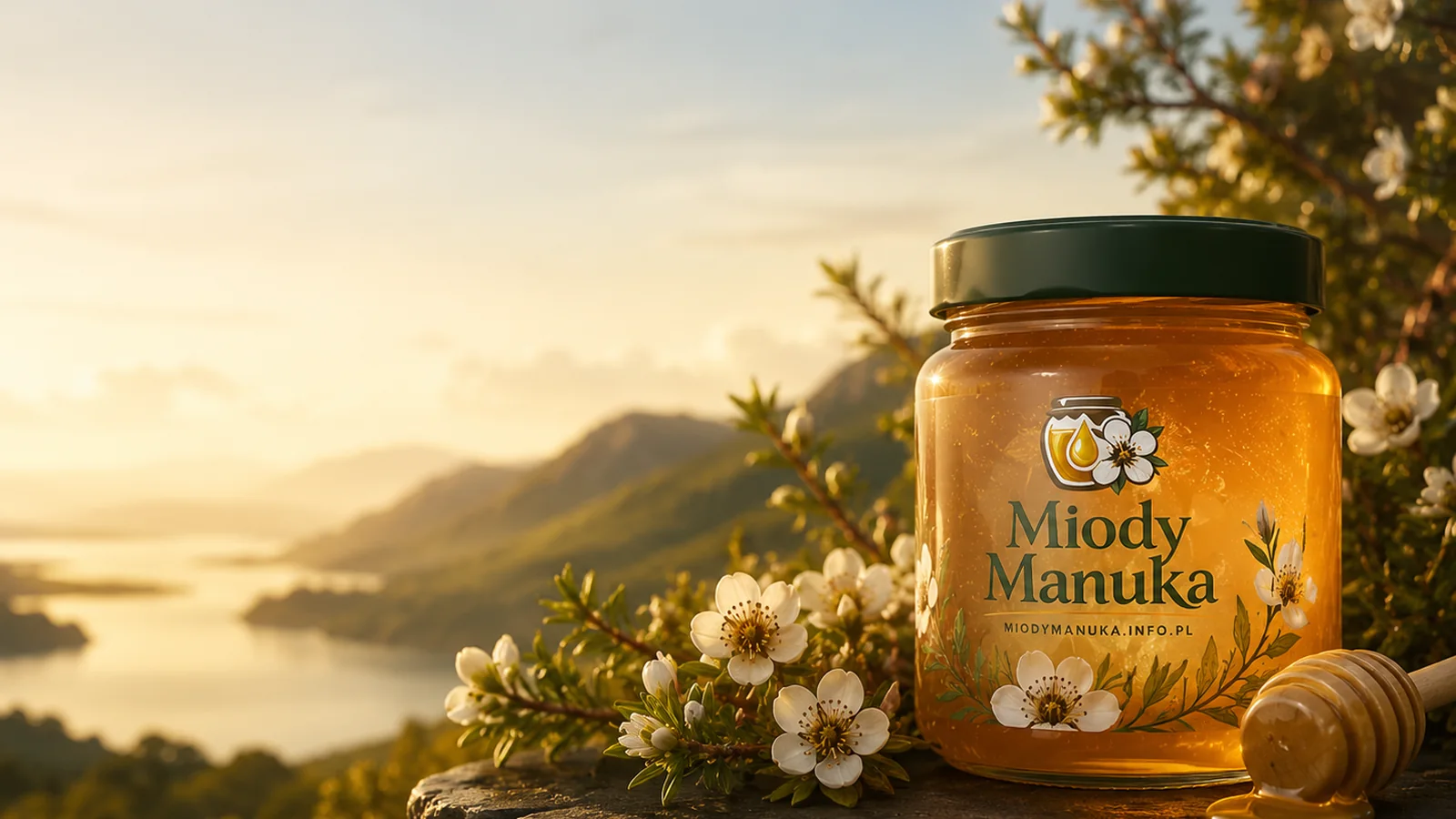 Miód Manuka, kwiaty manuka i krajobraz inspirowany Nową Zelandią