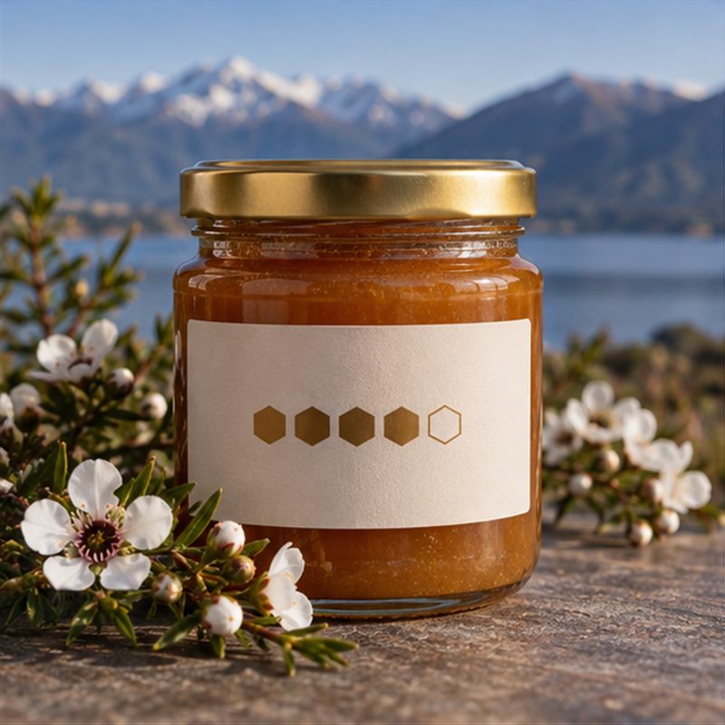 MGO w miodzie Manuka – słoik miodu i kwiaty manuka