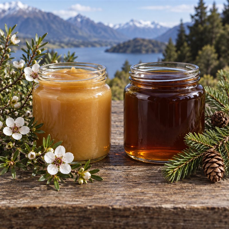 Miód Manuka i ciemny miód spadziowy zestawione obok siebie