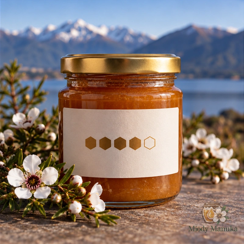 MGO w miodzie Manuka – słoik miodu i kwiaty manuka